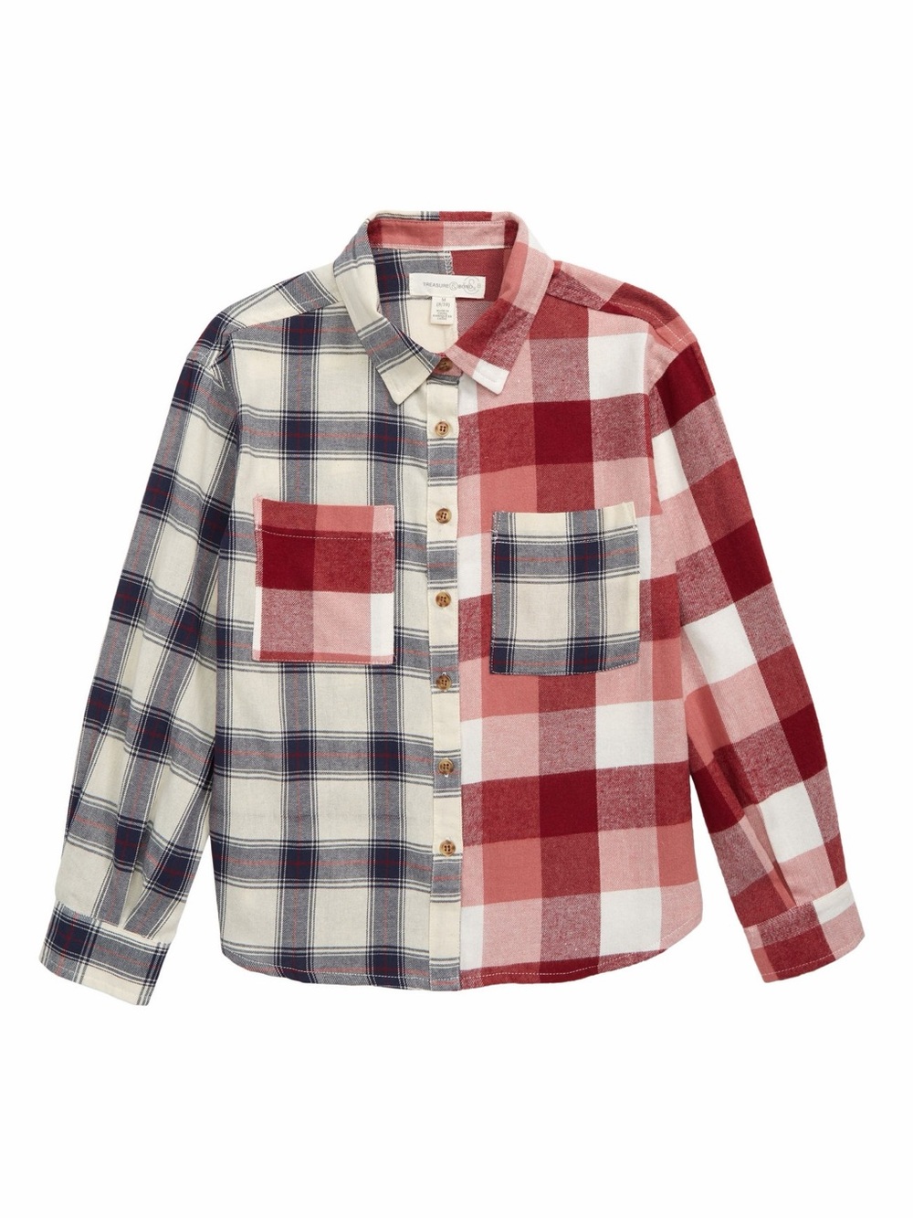 Treasure & Bond Girls colorblock Plaid Flannel Button-Down Shirt Red Navy Large